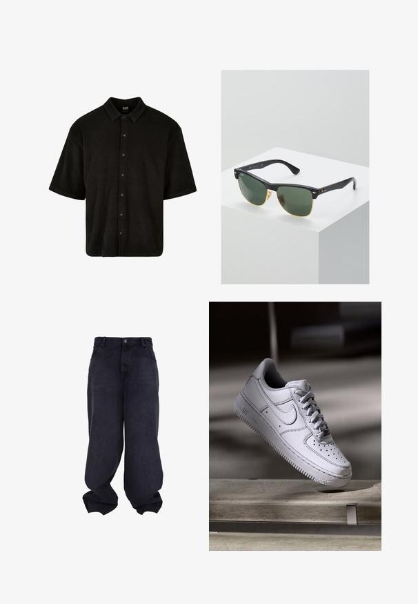Sort kortærmet skjorte lavet af blødt stof, med krave og seks knapper foran, designet med en afslappet pasform.; Sorte oversized løstsiddende jeans med knap- og lynlåsfrontlukning, forlommer og løse, brede ben.; Hvid læder Nike Air Force 1 sneaker med perforeret tå, flade snørebånd og tekstureret gummisål med "AIR" branding på siden.; Ray-Ban solbriller med grønne linser, sorte plastikstel og gyldne detaljer ved kanterne. Firkantet form med mat finish.