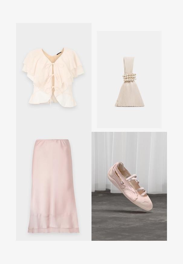 Light pink blouse with layered ruffles, V-neckline, and three bows at the front. Soft fabric and flowing design.; Light pink satin midi skirt with elastic waistband and layered hem detail, displayed on a plain white background.; Light pink ballet flat with three elastic straps, scalloped edge, and rubber sole, suspended above a concrete floor with white curtains in background.; Small pleated beige handbag with a knotted handle and three round bead bracelets wrapped around the middle.