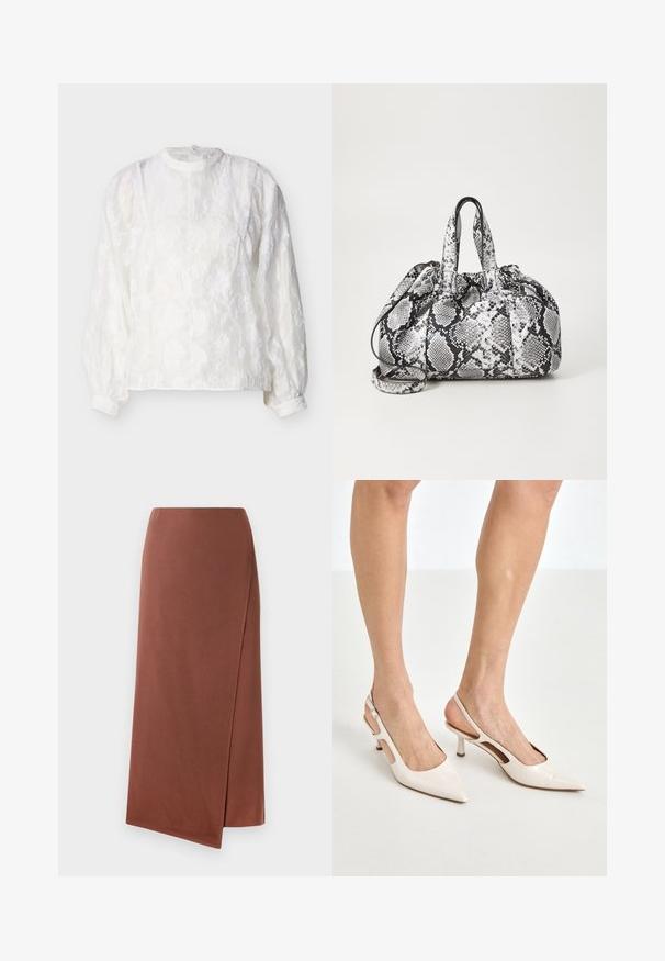 Blouse blanche à manches longues avec texture en dentelle florale, col montant, manches bouffantes froncées et poignets à boutons sur fond uni.; Jupe longue marron en tissu lisse avec une silhouette droite. Présente une fente sur le côté pour faciliter les mouvements. Design uni sans motifs.; Escarpins à talon slingback en cuir verni beige avec un bout pointu et un talon de 5 cm, présentant des côtés découpés et une fine bride à la cheville.; Sac à main en motif peau de serpent noir et blanc avec deux poignées, une fermeture à cordon et une bandoulière amovible. Texture lisse.
