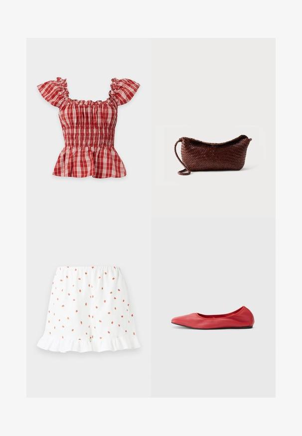 Blusa de manga corta a cuadros rojos y blancos con escote fruncido, cuerpo fruncido y bajo con vuelo.; Shorts blancos con pequeños estampados de fresas rojas por toda la prenda, con un dobladillo con volantes y cintura elástica para mayor comodidad. Hechos de una tela ligera.; Filippa K REY FLATS - Bailarinas - bright red; Bolso tejido de cuero marrón con una sola correa y parte superior curva sobre un fondo blanco liso.