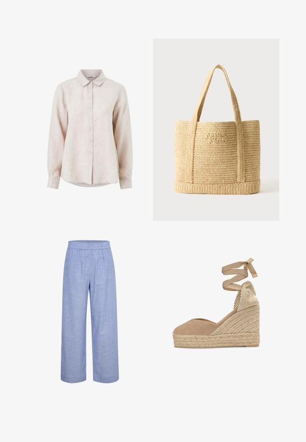 Lys beige linned skjorte med krave, lange ærmer og knaplukning foran. Har et subtilt struktureret mønster.; Lyseblå, stribede bukser med bred ben og elastisk talje. Lavet af et åndbart stof, der har en glat, blød overflade og en afslappet pasform.; Beige lærred kile-espadrille med flettet jute-platform og snørebånd om anklen, med vævet hælkappe.; Beige flettet stråtaske med to skulderstropper og subtil kursiv broderi foran, sat mod en ensfarvet baggrund.