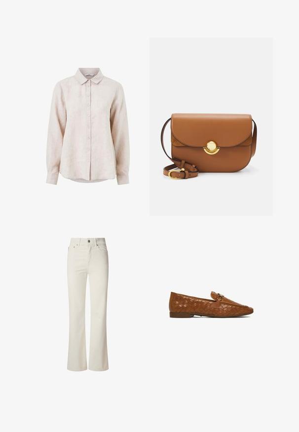 Lys beige linned skjorte med krave, lange ærmer og knaplukning foran. Har et subtilt struktureret mønster.; Hvide flagrende jeans lavet af denim. Har en høj talje, fem lommer og metallisk knaplukning. Glat tekstur uden synlige mønstre.; Brun vævet lædersko med lav hæl og metal spænde detalje på overdelen, vist fra siden på hvid baggrund.; Brun læder crossover-taske med afrundede kanter, magnetisk klaplukning og guldbeslag. Justerbar rem for alsidighed.