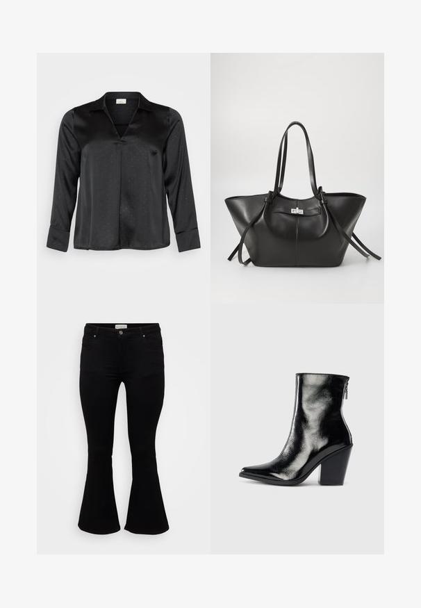 Blusa de satén negro con escote en V, mangas largas y un sutil patrón de puntos. Presenta un cuello clásico y puños abotonados para un aspecto pulido.; Jeans de campana negros fabricados en denim suave, con cintura ajustada, bolsillos frontales y un dobladillo acampanado para un ajuste relajado.; Botín de piel negra hasta el tobillo con un acabado brillante, puntera puntiaguda y tacón cuadrado. Presenta una cremallera lateral para fácil calzado.; Bolsa tote de cuero negro con una forma triangular amplia. Presenta un cierre metálico elegante, asas largas y una textura suave.