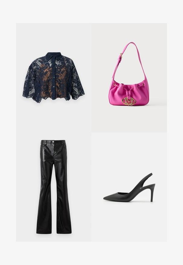 Marineblauw kanten cropped blouse met bloemmotief, knoopsluiting aan de voorkant, kraag en brede geschulpte mouwen.; Rabanne Wijde jeans - black; Zwarte leren slingback hoge hakken met een puntige neus, met een uitsparing aan de voorkant en een dunne stilettohak.; Roze leren bucketbag met een getextureerde afwerking, voorzien van een trekkoordsluiting en goudkleurige hardware. Geaccentueerd met een logodetail.