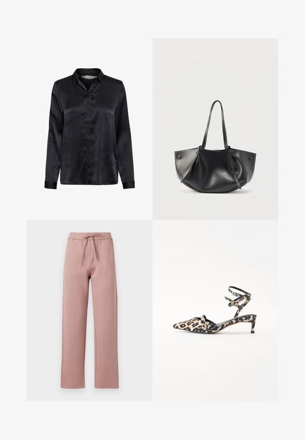 Chemise longue à manches noires en satin avec col, fermeture à boutons sur le devant et texture lisse. Présente une coupe droite et des poignets à boutons.; Pantalons de jogging en tissu rose doux, avec une taille à cordon de serrage, un design à jambes larges et un ourlet droit avec des détails de couture subtils.; Chaussure à talons hauts en imprimé léopard avec un bout pointu et de fines brides autour de la cheville, présentant une bride noire et de subtils accents dorés.; Sac à bandoulière en cuir noir avec deux longues anses, une forme arrondie et souple, et des détails à boutons de chaque côté.