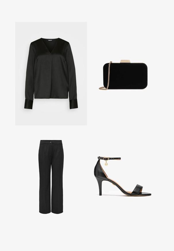 PIECES Tall PCSILJA V NECK - Bluse - black; Sorte bukser med vide ben lavet af et glat stof, der har en knaplukning og pressefold for et skræddersyet udseende.; Sort læder højhælede sandaler med en enkelt rem over tæerne, ankelrem, gul hardware og en slank stilettohæl.; Sort velour clutch med guldfarvede detaljer, rektangulær form og kædestrop, der har en glat tekstur og ingen synlige mønstre.