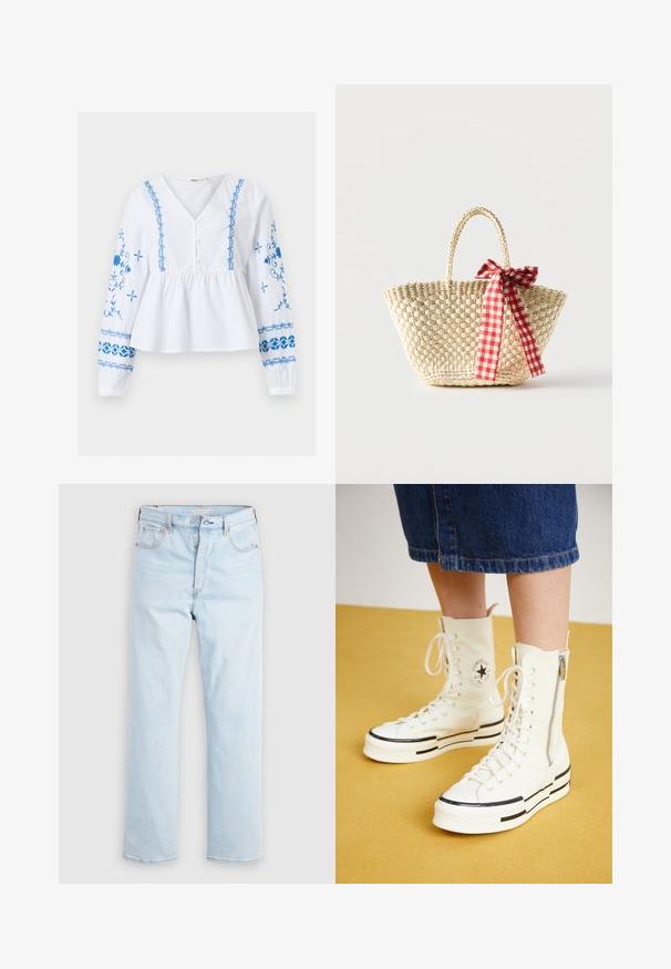 Hvid bluse med lange ærmer, V-hals, blå blomsterbroderi på ærmer og front, knaplukning og omgang i taljen.; Lyseblå jeans med højtaljet, lige ben, knapgylp samt lommer foran og bagpå på ensfarvet hvid baggrund.; Hvide høj-top sneakers med lynlåslukning, snørresystem og sorte striber på en tyk sål. Tekstureret kanvasmateriale.; Flettet stråtaske med fletninger til håndtagene og et rødt og hvidternet bånd bundet som en sløjfe på den ene side.