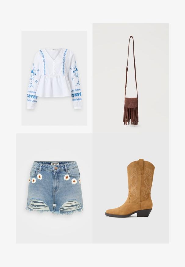 Witte blouse met lange mouwen, V-hals, blauwe bloemenborduursel op mouwen en voorkant, knoopsluiting en geplooide taille.; Lichtblauwe denim shorts met geborduurde witte bloemen en bruine centra aan de voorkant. Gefragmenteerde zoom en gescheurde details op de benen.; Tan suède cowboylaars met een spitse neus, decoratieve stiksels in een draaiend patroon, een middelhoge hak en een trekband voor gemakkelijk aan- en uittrekken.; Bruine suède schoudertas met lange riem, gestikt decoratief patroon op het klepje en hangende franjes langs de onderrand.