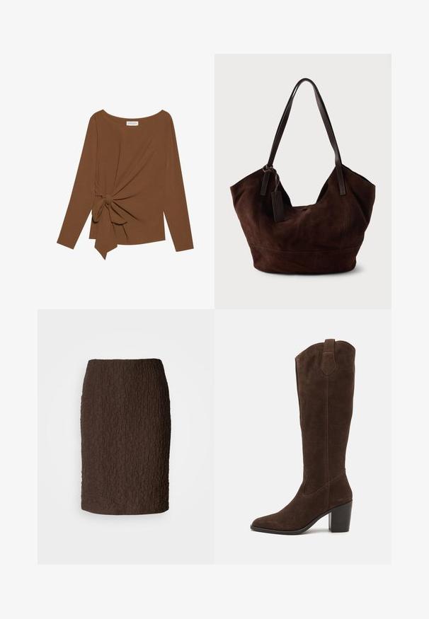T-shirt brun à manches longues avec un col large et un détail de nœud sur un côté, fabriqué dans un tissu doux et texturé.; Jupe marron longueur genou en tissu texturé avec une surface froissée. Présente un design ajusté et ne comporte aucune fermeture ou accent visible.; Anna Field LEATHER - Bottes à talons hauts - brown; Handbag en cuir suédé marron avec une forme douce et souple. Doté de poignées en cuir et d'une étiquette décorative. Texture plain avec des coutures courbes.
