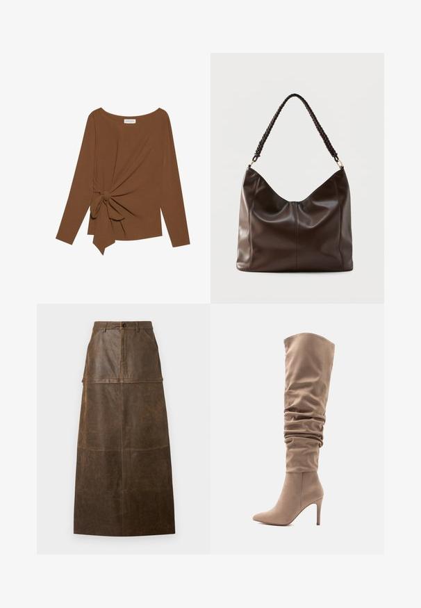 T-shirt brun à manches longues avec un col large et un détail de nœud sur un côté, fabriqué dans un tissu doux et texturé.; Jupe midi en cuir marron avec taille haute, poches avant et une texture lisse avec des accents de couture visibles.; Botte en simili daim beige allant au-dessus du genou avec un design décontracté, un bout pointu et un talon aiguille de 10 cm. Texture lisse et style minimaliste.; Sac à bandoulière en cuir brun foncé avec une poignée tressée et des coutures apparentes sur le devant.