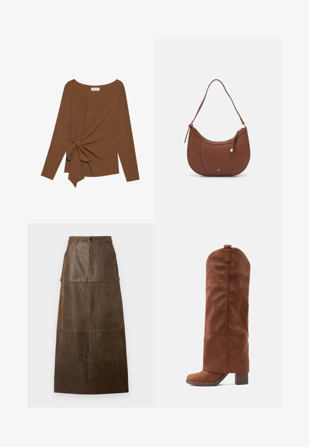 T-shirt brun à manches longues avec un col large et un détail de nœud sur un côté, fabriqué dans un tissu doux et texturé.; Jupe midi en cuir marron avec taille haute, poches avant et une texture lisse avec des accents de couture visibles.; Botte hauteur genou en suède marron avec un talon épais empilé et une languette à l'extrémité, sur fond blanc.; Sac à épaule en faux cuir brun, de forme arrondie, avec des coutures minimales et un accent en matériel doré. Il possède une fermeture zippée sur le dessus et une sangle réglable.