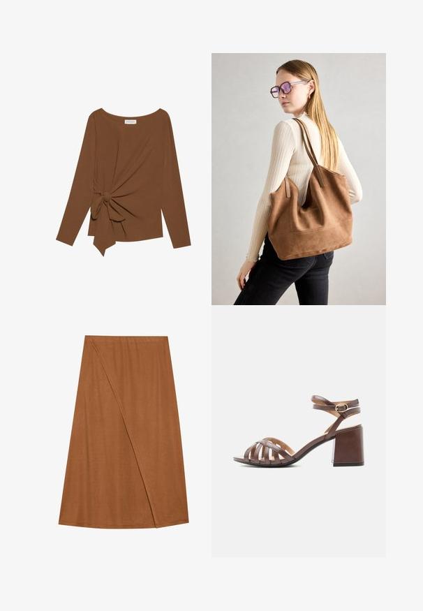 T-shirt brun à manches longues avec un col large et un détail de nœud sur un côté, fabriqué dans un tissu doux et texturé.; Jupe enroulée marron, mi-longue, en tissu doux. Caractérisée par un design asymétrique avec un détail de couture sur le côté et une texture lisse.; Sandale en cuir marron pour femme avec plusieurs brides à l'avant, bride à boucle à la cheville et talon bloc sur fond blanc.; Sac fourre-tout en daim marron avec une texture douce, grande ouverture et longues sangles. Présente un design simple avec des coutures visibles et sans matériel.