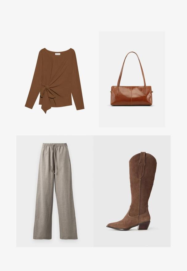 T-shirt brun à manches longues avec un col large et un détail de nœud sur un côté, fabriqué dans un tissu doux et texturé.; Pantalons larges gris clair en tissu texturé avec une taille élastique et un cordon de serrage pour un ajustement réglable.; Bottine cowboy en daim marron avec un bout pointu, une tige de hauteur moyenne, des coutures décoratives sur les côtés et un talon en bois empilé.; Sac à main rectangulaire en cuir marron avec deux longues bandoulières, finition lisse et brillante, au design minimaliste sur un fond uni.