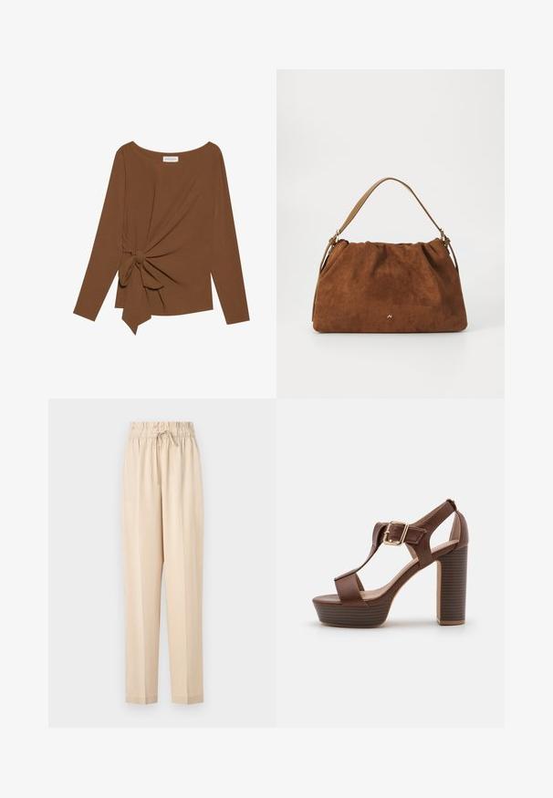 Brauner Langarm-Top mit weitem Ausschnitt und Knoten-Detail auf einer Seite, aus weichem, strukturiertem Stoff.; Beige, leichte Hose mit elastischem Bund, Kordelzugdetails und geradem Beinanschnitt. Glatte Textur, minimalistischer Stil.; Braune Leder-High-Heel-Sandalen mit Plateau, ausgestattet mit einem T-Riemen-Design und einem goldenen Schnallenakzent am Knöchel. Strukturierter Blockabsatz.; Braune Wildlederhandtasche mit einem gerafften Design, ausgestattet mit einem einzelnen hellbraunen Ledertragegurt und einem subtilen goldenen Logo-Detail auf der Vorderseite.