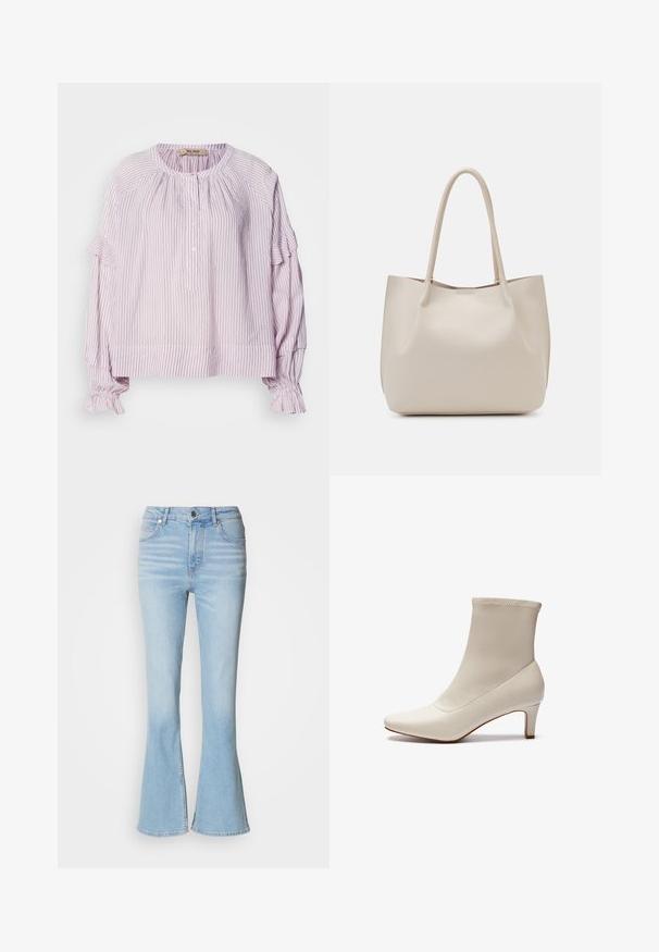 Lyse lilla bluse med lodrette hvide striber, rund halsudskæring, knaplukning og volangdetaljer på ærmer og kant. Blødt, tekstureret stof.; Lyseblå vide jeans lavet af denim med høj talje, prydet med subtil falming og en standard lynlås-lukning.; Hvide ankelstøvler lavet af glat læder med spids tå og en kort, tapered hæl. Har et minimalistisk design og en sømløs overdel.; Beige læder tote taske med to skulderremme, glat tekstur og åbent topdesign. Har et minimalistisk stil uden synligt hardware.
