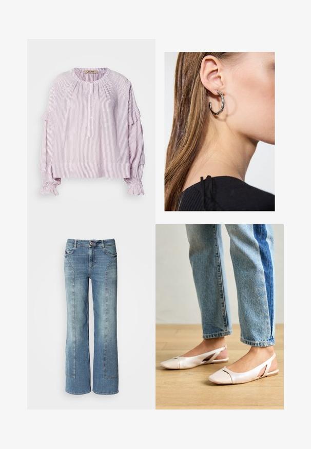 Lichtpaarse blouse met verticale witte strepen, ronde halslijn, knoopsluiting en rimpelaccenten op de mouwen en de zoom. Zachte, gestructureerde stof.; Lichtblauwe denim wijde broek met een vervaagde wassing, met vijf zakken, contrasterende stiksels en een knoopsluiting bij de tailleband.; Zachtroze slingback ballerina's met een spitse neus, gemaakt van een glad leerachtig materiaal. Bevat uitsnijdingen aan de zijkanten en heeft een platte hak.; Zilveren oorbel met een gepolijste afwerking, met kleine gouden accentdetails en een ronde vorm, gedragen op de oorlel.