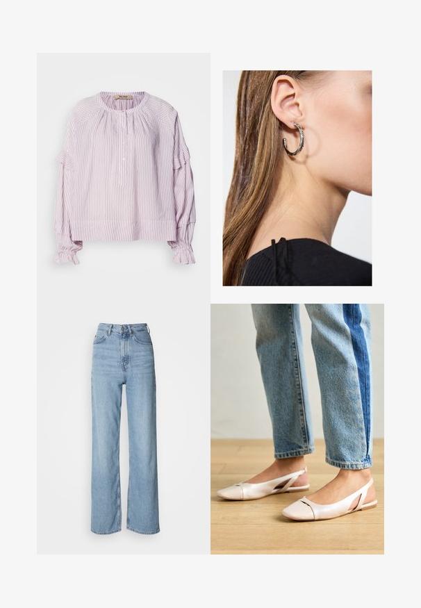 Lichtpaarse blouse met verticale witte strepen, ronde halslijn, knoopsluiting en rimpelaccenten op de mouwen en de zoom. Zachte, gestructureerde stof.; Lichtblauwe high-waisted jeans met een rechte pijp, gemaakt van denim, met een sluiting aan de voorkant met knopen en subtiele vervagingdetails.; Zachtroze slingback ballerina's met een spitse neus, gemaakt van een glad leerachtig materiaal. Bevat uitsnijdingen aan de zijkanten en heeft een platte hak.; Zilveren oorbel met een gepolijste afwerking, met kleine gouden accentdetails en een ronde vorm, gedragen op de oorlel.