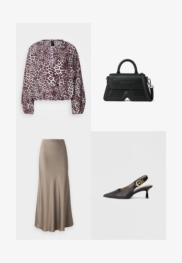 Blusa de estampado de leopardo en tela suave, con un corte holgado, escote redondo y un detalle de cordón rosa en la parte delantera. Puños elásticos.; Larga falda de satén marrón con una textura suave, que presenta una silueta fluida y un dobladillo ligeramente acampanado. Sin hardware visible ni patrones.; Zapato de tacón alto tipo slingback negro con punta afilada, textura de cuero suave y un acento de hebilla en tono dorado en la correa.; Bolso estructurado negro con asa superior, correa de hombro desmontable y logo en relieve "Karl Lagerfeld" en la solapa frontal.