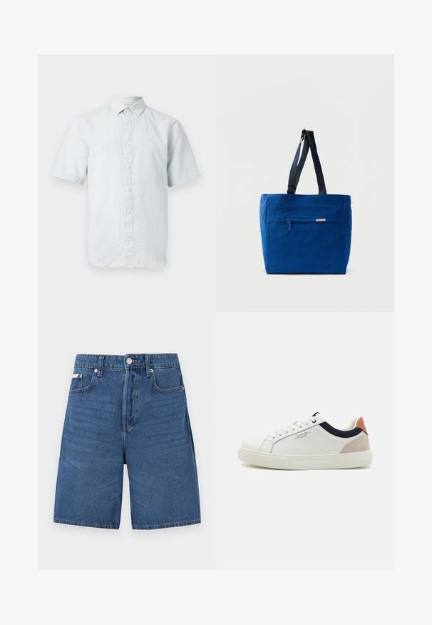 Hellblaues kurzärmeliges Hemd mit klassischem Kragen und weißen Knöpfen vorne.; Hellblaue Jeansshorts mit Frontreißverschluss, Knopfverschluss, Gürtelschlaufen und fünf Taschen, vor schlichtem weißem Hintergrund dargestellt.; Weiße Leder-Sneaker mit einem Low-Top-Design, marineblauem Stoffakzent am Kragen und einem hellrosa Wildleder-Hackenteil. Gummisohle.; Blaue Canvas-Einkaufstasche mit einer vorderen Reißverschlusstasche, doppelten Schulterriemen und rechteckiger Form. Verfügt über ein dezentes Markenlabel.
