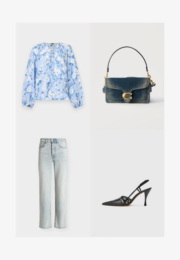 Hellblaue Bluse mit langen Ärmeln, weißem und blauem Blumenmuster, gerafftem Ausschnitt mit Schlitz und Bindeband sowie elastischen Bündchen.; Hellblaue Jeans mit geradem Bein, vorne mit Knopf und Reißverschluss, Gürtelschlaufen und klassischem Fünf-Taschen-Design.; Schwarze Leder-Slingback-Pumps mit spitzem Zehenbereich, über Kreuz verlaufendem Riemendesign und schmalem Stiletto-Absatz. Glatte Oberfläche und minimalistische Akzente.; Rechteckige blaue Denim-Handtasche mit gebogenem Klappdeckel, goldfarbenem "C"-Verschluss und abnehmbarem schwarzem Riemen mit goldfarbenen Beschlägen.