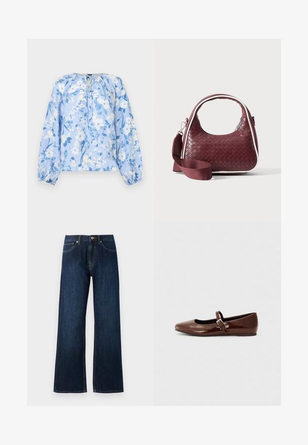 Lyseblå langærmet bluse med hvidt og blåt blomsterprint, rynket halsudskæring med nøglehul og bindebånd samt elastiske manchetter.; Bredde ben mørkeblå jeans lavet af denim, med lynlås og knaplukning, samt to forreste lommer med kontrasterende syninger.; Brun patentlæder balletflade med firkantet tå og strop med en lille guldbuckle. Glat tekstur, lav hæl og minimalistisk design.; Mørkerød vævet lædertaske med buet hank, hvid kant, sølv lynlås og aftagelig bred stofskulderrem mod en ensfarvet baggrund.