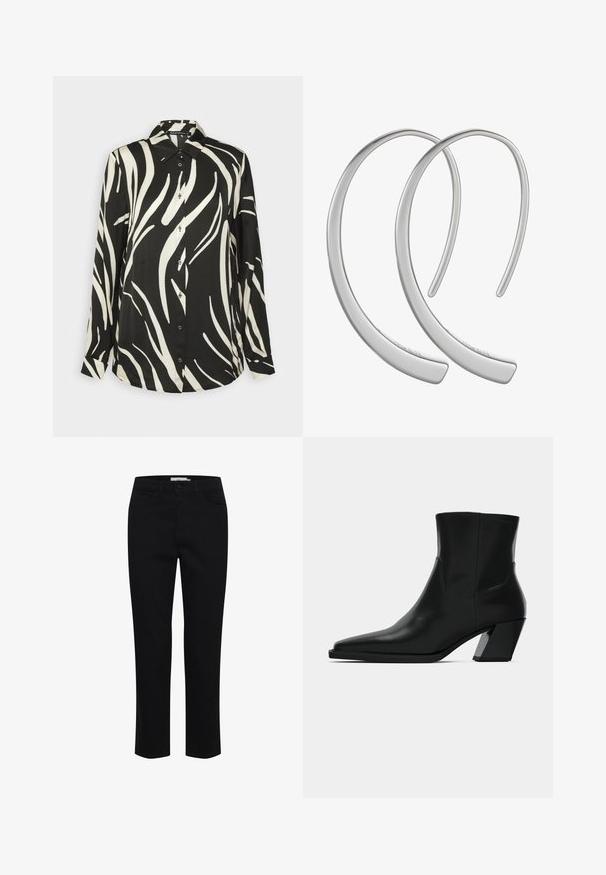 Expresso LONG SLEEVE WITH ZEBRA - Hemdbluse - black; Schwarze Baumwollhose mit geradem Schnitt. Verfügt über fünf Taschen und einen vorderen Knopfverschluss. Glatte Textur, minimale Nähdetails.; Schwarze Leder-Stiefelette mit spitzem Zeh, schlanker Silhouette und klobigem quadratischem Absatz. Glatte Textur mit minimalen Nähdetails.; Silberne Metall-Hoops Ohrringe mit einer glatten, glänzenden Oberfläche und einer gewölbten Mondform, die ein minimalistisches Design aufweisen und keine sichtbaren Muster haben.