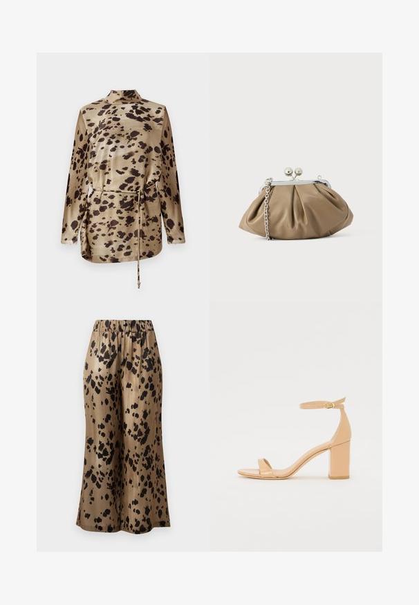 Leopardmønstret langærmet bluse i beige satin med krave, snøring i taljen og en glat, blank overflade.; Brune mønstrede bukser med bred ben, prydet med et sort pletdesign, lavet af et skinnende stof, med en elastisk talje for komfort.; Nude patenterede læderhælede sandaler med firkantet tå, ankelrem og en chunky blokhæle. Glat overflade og minimale designdetaljer.; Læderclutch i blød beige med afrundet form, plisseret tekstur, sølvfarvet kiss-lock lukning og aftagelig kæderem.