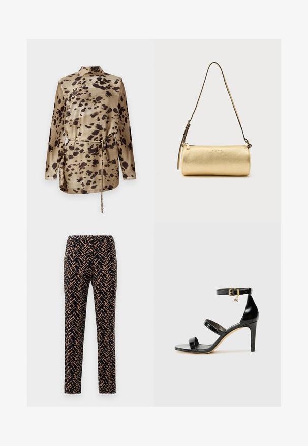 Leopardmønstret langærmet bluse i beige satin med krave, snøring i taljen og en glat, blank overflade.; Slim-fit bukser i et zigzag mønster, marineblå og tan farver, med en glat overflade og en standardtalje.; Sorte patenterede lædersandaler med tre stropper, ankelspænde og 10 cm stiletthæl. Har detaljer i guld og et logo charms.; Guld cylindrisk skuldertaske i læder med justerbar rem og lynlås lukning, Michael Kors-logo centreret på forsiden.