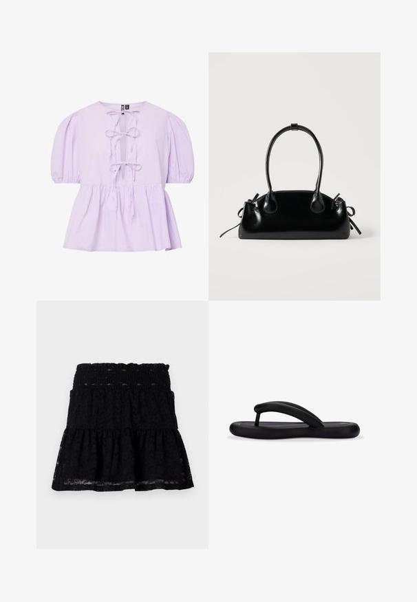 Blusa de algodón color lila con mangas abullonadas, con escote en V y lazos en la parte delantera, y un dobladillo peplum fruncido. Textura suave sin patrones.; Falda negra de encaje con una cinturilla fruncida. Presenta un diseño acampanado y en capas, con una textura transparente que crea una apariencia de capas.; Chancla negra con material de espuma suave, forma redondeada y diseño de una sola tira con una estética minimalista.; Pequeño bolso negro brillante con dos asas largas y detalles de cordón lateral sobre un fondo claro liso.