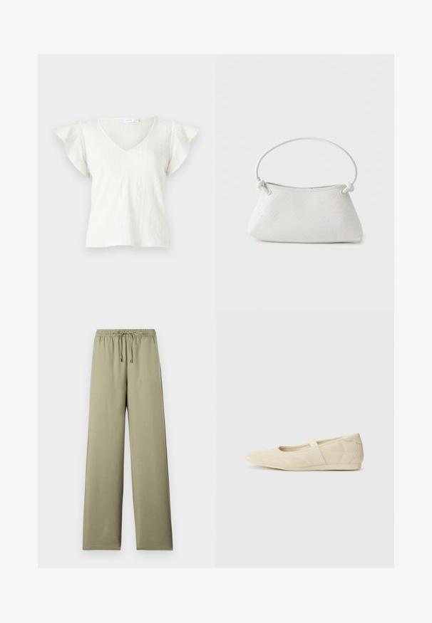Blouse blanche texturée avec un col en V, des manches courtes volantées et des motifs verticaux. Confectionnée dans un tissu léger avec un détail subtil en maille.; Pantalons larges vert olive avec une taille élastique, cordon de serrage ajustable et une texture lisse. Pas de motifs ni d'accents visibles.; Ballerines beiges avec une exterior en cuir lisse, un bout en forme d'amande et une sangle élastique sur le coup de pied, avec des détails de couture subtils.; Sac à main en cuir tressé blanc avec poignée arrondie et extrémités de lanière nouées, présenté sur un fond uni.
