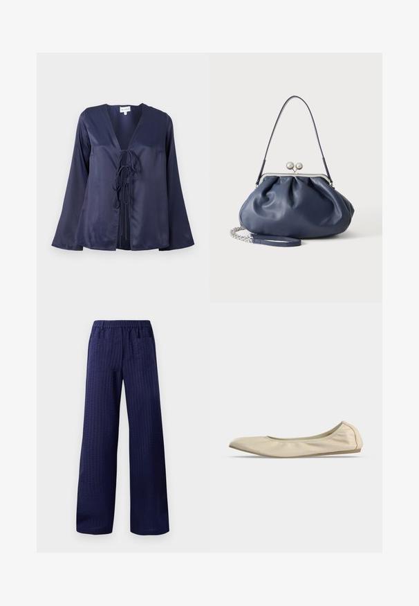 Blouse en satin bleu marine avec un décolleté en V, des manches longues évasées et une fermeture à nouer à l'avant. Texture lisse avec un design simple et élégant.; Pantalons larges bleu marine avec une finition texturée, une ceinture élastique et deux poches arrière. Fabriqués en tissu léger et respirant.; Ballerine beige en cuir souple avec bout arrondi, profil latéral bas et semelle fine en caoutchouc sur fond blanc uni.; Sac à main en cuir bleu marine doux avec fermeture à boucle argentée, une seule bandoulière, et une chaîne de poignet amovible sur fond blanc.
