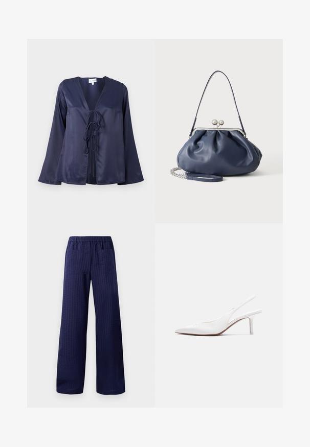 Navyblauwe satijnen blouse met een V-hals, lange uitlopende mouwen en een sluiting met een strik aan de voorkant. Gladde textuur met een eenvoudig, elegant ontwerp.; Marineblauwe wijde broek met een textuurfinish, elastische tailleband en twee achterzakken. Gemaakt van lichtgewicht, ademend materiaal.; Witte leren slingback damesschoen met spitse neus, lage kittenhak en een kleine decoratieve strik bovenop, zijaanzicht.; Zachte navyblauwe leren handtas met zilveren sluiting, enkele schouderband en afneembare ketting polsband op witte achtergrond.