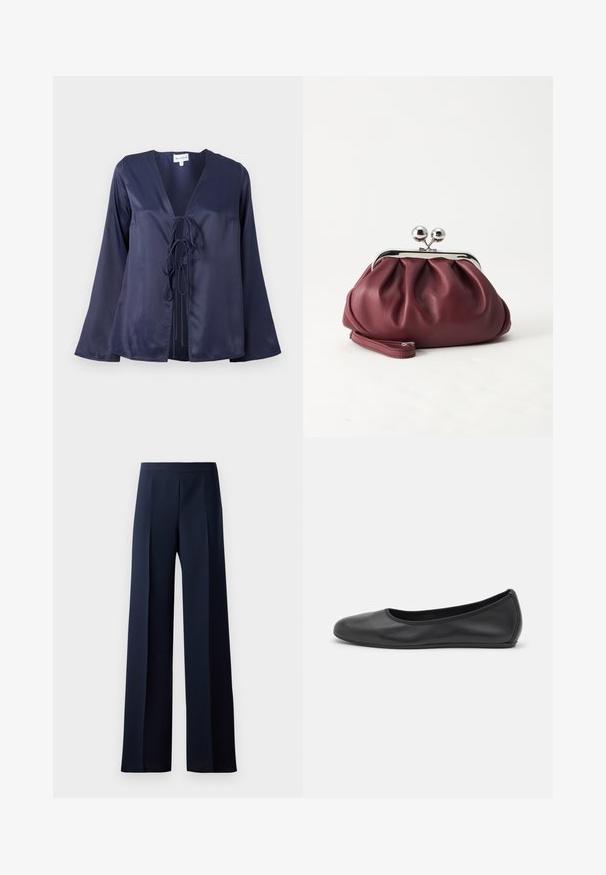Blouse en satin bleu marine avec un décolleté en V, des manches longues évasées et une fermeture à nouer à l'avant. Texture lisse avec un design simple et élégant.; Pantalons à jambes larges en tissu bleu marine foncé, dotés d'une texture lisse, de plis avant discrets et d'une taille ajustée pour une silhouette épurée.; Ballerines en cuir noir avec un bout rond, texture lisse, détails de couture minimalistes et design de semelle flexible.; Petit sac pochette en cuir bordeaux avec fermoir métallique argenté et bracelet sur fond blanc.