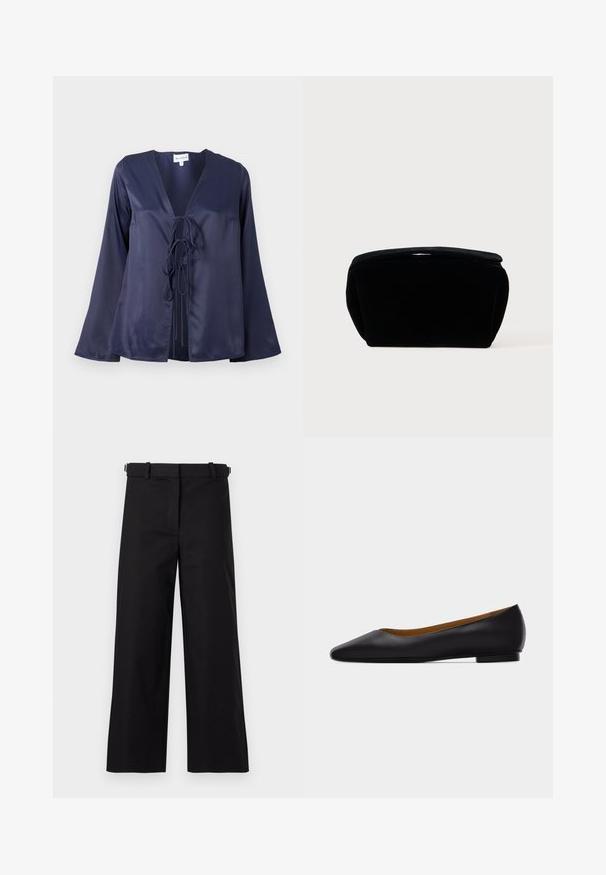 Navyblauwe satijnen blouse met een V-hals, lange uitlopende mouwen en een sluiting met een strik aan de voorkant. Gladde textuur met een eenvoudig, elegant ontwerp.; Zwarte broek met brede pijpen, gemaakt van katoen, voorzien van een riem en een soepele textuur, met een nette voorkant en zonder zichtbare patronen.; Zwarte leren puntschoen met lage hak en gladde afwerking, zijaanzicht op een lichtgrijze achtergrond.; Zwarte fluwelen cosmeticatas met een zachte, gestructureerde oppervlakte, ronde bovenkant en ritssluiting. Compact ontwerp, geschikt voor verschillende opbergbehoeften.