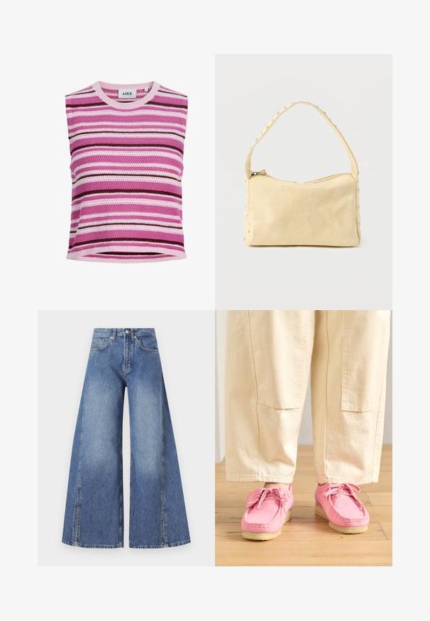 Ærmeløs strikket top med horisontale striber i pink, lilla, hvid og mørkebrunt, med rund halsudskæring og JJXX mærkeetiket.; Bredde denimjeans i lyseblå. Fremstillet af tekstureret bomuld, med høj talje, frontlommer og markante sidesømme.; Lyserøde ruskinds mokkasiner med snørebånd, med en struktureret overflade og en lys beige gummisål, parret med beige bukser.; Lille beige læderhåndtaske med en enkelt rem og sølvnitter langs kanterne og remmen, sat mod en ensfarvet baggrund.