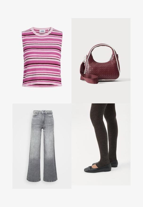 Mouwloze gebreide top met horizontale strepen in roze, paars, wit en donkerbruin, met een ronde halslijn en een JJXX merklabel.; Grijze denim wijde pijpen jeans met een licht naar donker verloop, voorzien van een hoge taille, vijf zakken en een klassieke knoopsluiting.; Benen met donkere geribbelde leggings gecombineerd met zwarte ballerina's met kleine strikdetails op een witte achtergrond.; Donkerrode geweven leren handtas met gebogen handvat, witte bies, zilveren rits en afneembare brede stoffen schouderriem tegen een effen achtergrond.