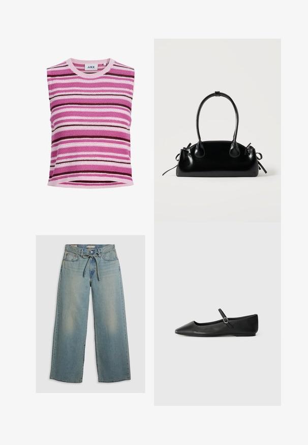 Haut tricoté sans manches avec des rayures horizontales en rose, violet, blanc et marron foncé, doté d'un col rond et d'une étiquette de marque JJXX.; Jean large bleu clair en denim, doté d'une fermeture à ceinture à nouer et d'un léger effet dégradé. Comprend deux poches avant et une coupe décontractée.; Ballerines en cuir noir avec un bout pointu, une semelle plate et une petite sangle à boucle autour de la cheville pour un maintien sécurisé.; Petit sac à main noir brillant avec deux longues anses et des détails à cordon sur les côtés sur un fond clair uni.