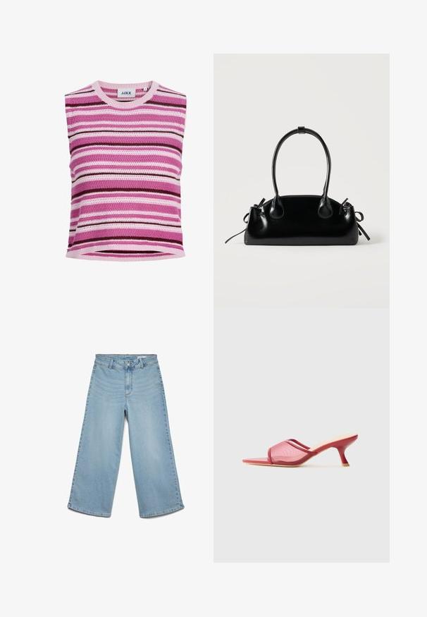 Haut tricoté sans manches avec des rayures horizontales en rose, violet, blanc et marron foncé, doté d'un col rond et d'une étiquette de marque JJXX.; Pantalon large en denim bleu clair avec passants pour ceinture, bouton devant et fermeture éclair, sans poches visibles.; Mules rouges à bout ouvert avec une tige en mesh, un bout carré et un talon fin et incliné. Texture lisse avec un minimum de détails.; Petit sac à main noir brillant avec deux longues anses et des détails à cordon sur les côtés sur un fond clair uni.