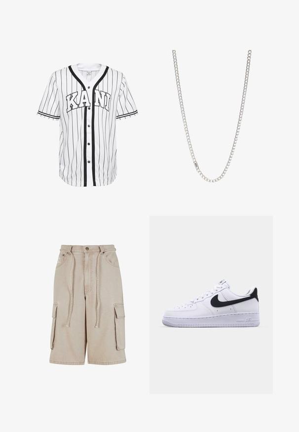 Weißes Baseball-Trikot mit kurzen Ärmeln und schwarzen Streifen, mit einer Knopfleiste vorne und dem Wort "KANI" deutlich in schwarzen Buchstaben dargestellt.; Beige Cargo-Shorts aus Baumwolle mit einem Kordelzugbund, zwei Seitentaschen und einer einzelnen Seitentasche, mit sichtbaren Nähdetails.; Weißes Leder-Sneaker mit einem strukturierten schwarzen Swoosh, flachen Schnürsenkeln und einer Gummisohle mit genoppetem Muster. "AIR" ist auf der Ferse eingeprägt.; Silberne Kettenhalskette mit ineinandergreifenden Gliedern, glatter Textur und einheitlicher rechteckiger Form. Sicherer Verschluss.