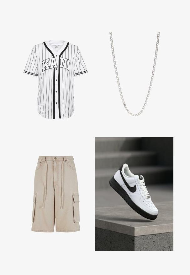 Camisa de béisbol blanca de manga corta con rayas negras, que presenta un cierre frontal de botones y la palabra "KANI" exhibida de forma destacada en letras negras.; Pantalones cortos cargo beige de algodón con cintura con cordón, dos bolsillos laterales y un bolsillo lateral adicional, que presentan detalles de costura visibles.; Zapatilla deportiva de cuero blanco con detalles en negro, punta redondeada y detalles perforados. Suela de goma negra con patrón texturizado y cierre de cordones.; Collar de cadena de plata con eslabones entrelazados, textura suave y forma rectangular uniforme. Detalle de cierre seguro.