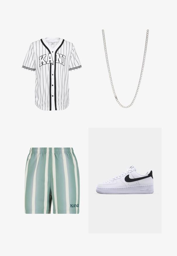 Camisa de béisbol blanca de manga corta con rayas negras, que presenta un cierre frontal de botones y la palabra "KANI" exhibida de forma destacada en letras negras.; Bañadores de color verde menta con rayas verticales blancas. Cuentan con una cintura elástica y un logo bordado de 'KANI' en verde oscuro. Textura suave.; Zapatilla blanca de cuero con un Swoosh negro texturizado, cordones planos y una suela de goma con un patrón estriado. "AIR" está grabado en el talón.; Collar de cadena de plata con eslabones entrelazados, textura suave y forma rectangular uniforme. Detalle de cierre seguro.