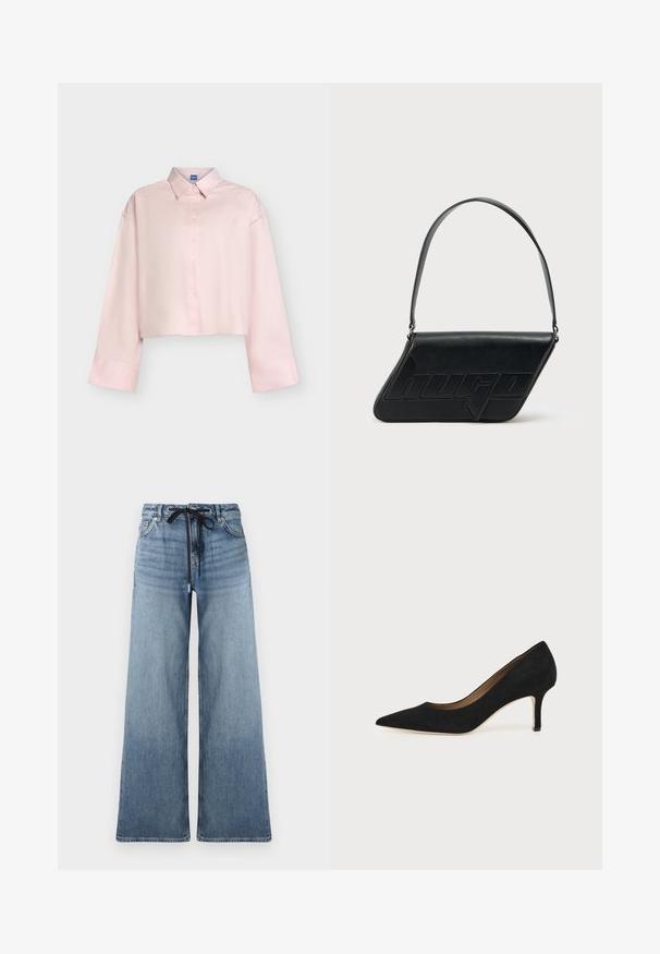 Lichtroze cropped blouse met lange mouwen, knopen, kraag en brede manchetten, getoond op een effen lichtgrijze achtergrond.; Lichtblauwe denim jeans met wijde benen en een vervaagde structuur. Voorzien van een verstelbare tailleband met een zwarte trekkoord en traditionele zakken.; Zwarte suède pumps met spitse neus, een slanke middenhoge naaldhak en een laag uitgesneden ontwerp op een effen achtergrond.; Zwarte leren schoudertas met een driehoekige vorm, geperst logo en een enkele verstelbare riem. Minimalistisch ontwerp met een gladde textuur.
