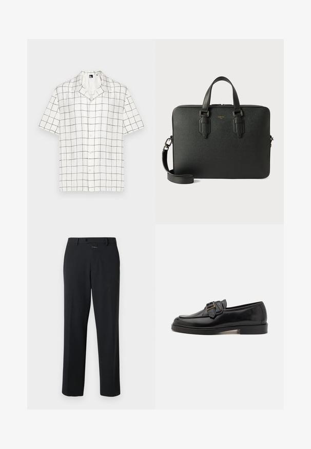 Chemise à manches courtes, avec col, en tissu blanc avec un motif en grille noir, comportant des boutons sur le devant et une coupe décontractée.; Pantalon noir à coupe droite, en tissu lisse. Il présente une fermeture à bouton à l'avant et des détails de couture subtils. Conception simple sans motifs.; Mocassins en cuir noir avec un bout arrondi et une boucle décorative. Talon plat, solide et texture lisse sur l'ensemble.; Serviette en cuir noir avec surface texturée, doubles poignées supérieures, bandoulière amovible et logo discret. Design rectangulaire élégant.