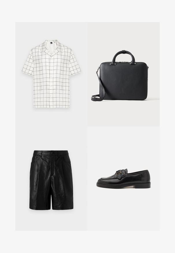 Chemise à manches courtes, avec col, en tissu blanc avec un motif en grille noir, comportant des boutons sur le devant et une coupe décontractée.; Shorts en cuir noir à la coupe ajustée, dotés de deux poches avant, d'une fermeture à boutons et d'une texture lisse et brillante.; Mocassins en cuir noir avec un bout arrondi et une boucle décorative. Talon plat, solide et texture lisse sur l'ensemble.; Mallette en cuir noir texturé avec double poignée, bandoulière amovible et fermeture éclair supérieure sur un fond clair uni.