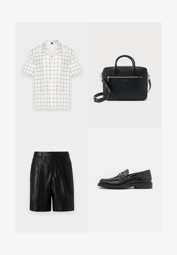 Chemise à manches courtes, avec col, en tissu blanc avec un motif en grille noir, comportant des boutons sur le devant et une coupe décontractée.; Shorts en cuir noir à la coupe ajustée, dotés de deux poches avant, d'une fermeture à boutons et d'une texture lisse et brillante.; Mocassins en cuir noir avec un embout rond, présentant des accents en métal doré et des détails de couture, montés sur une semelle en caoutchouc texturé et basse.; Serviette rectangulaire en cuir noir texturé avec double poignée, poche avant zippée et bandoulière réglable présentée sur fond blanc.