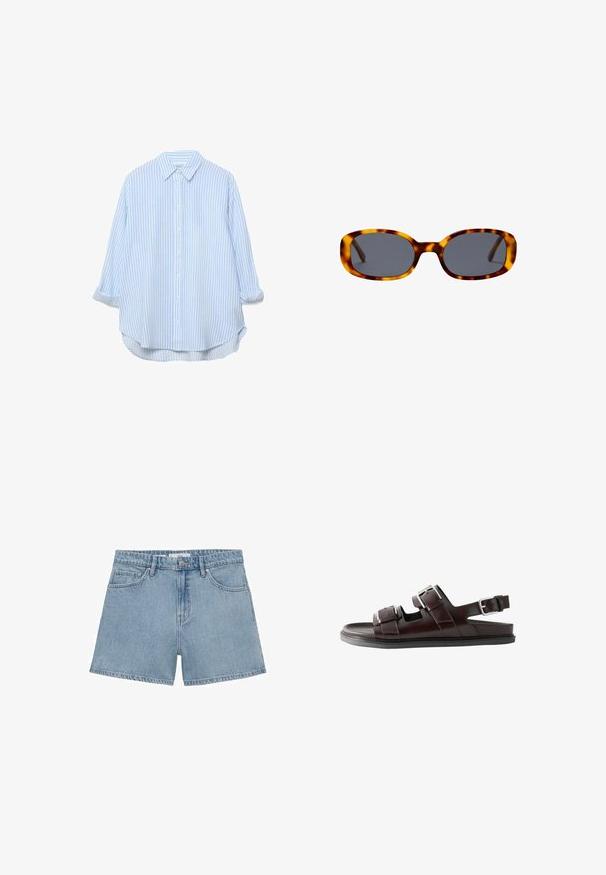 Chemise à manches longues avec boutons, col et poignets retroussés, rayée verticalement bleu clair et blanc, coupe légèrement oversize.; Shorts en denim bleu clair avec une taille haute, quatre poches et une fermeture à bouton. Dispose d'une coupe droite classique et d'un ourlet effiloché.; Sandale en cuir marron avec deux brides à boucle à l'avant et une bride à la cheville, semelle plate noire, vue de côté sur fond blanc.; Lunettes de soleil ovales avec verres foncés et monture marron écaille brillante, présentées sur fond blanc.