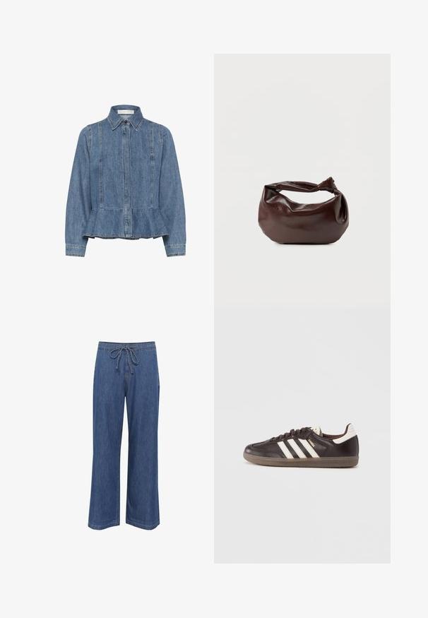 Tumesinise teksajope kraega kaelusega, ees nööbitav, volditud äärisega ja vertikaalsete õmblustevormidega varrukatel ja kehal.; Denim laiad jalgadega püksid, millel on paelu peegel ja keskmiselt sinine värv, sirge lõige ning peened õmbluse detailid.; Tumepruunid nahast tossud valge kolme triibu mustriga, kummist tallaga ja kuldsete tähtedega "Samba" küljel. Klassikaline madala lõikega kuju.; Tumepruunast nahast õlakott, pehme ja lõdva vormiga, keeratud sõlme tüüpi sangaga, valgel ühevärvilisel taustal.