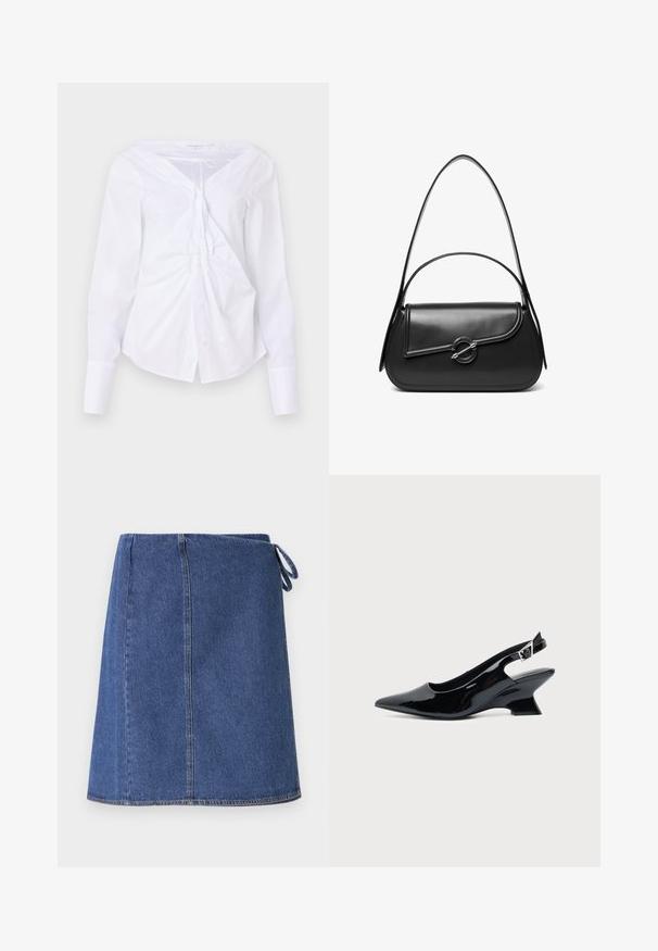 Good American Blouse - white; Denim wikkelrok in donkerblauw. Heeft een rechte snit, zichtbare stiksels en een zijsluiting voor aanpassing. Glad textuur en standaard zoomlijn.; Zwarte lakleren slingback schoen met spitse neus en lage schuine blokhak op een effen lichte achtergrond.; Zwarte leren schoudertas met een gebogen klep die is bevestigd met een ronde metalen sluiting en een smalle, verstelbare band.