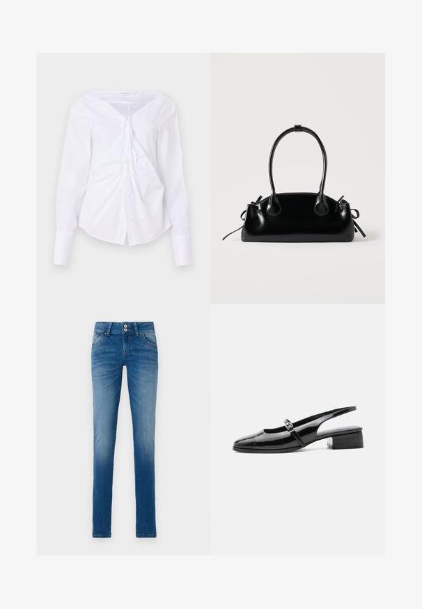 Good American Blusa - white; Vaqueros de mezclilla azul con un lavado desgastado, que cuentan con un diseño clásico de cinco bolsillos, cierre de botones y un corte recto.; Zapato slingback de charol negro con tacón bajo y grueso y una fina correa con hebilla de plata en la parte superior.; Pequeño bolso negro brillante con dos asas largas y detalles de cordón lateral sobre un fondo claro liso.