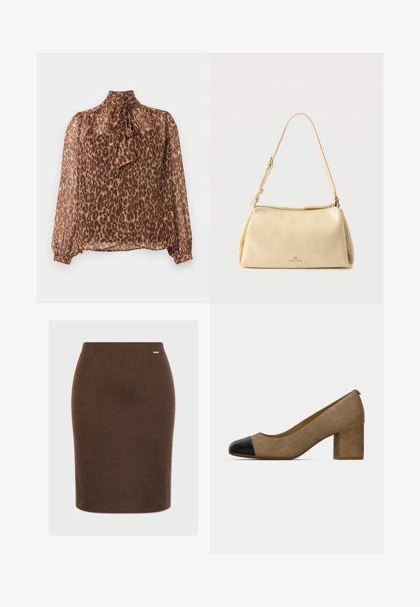 Blusa semitransparente de manga larga con estampado de leopardo marrón, cuello alto y detalle de lazo atado en el cuello.; Falda lápiz marrón en tejido elástico con una textura suave. Presenta una silueta ajustada y un pequeño logo metálico en la cinturilla.; Tacón de ante beige con puntera negra, que presenta un taco grueso y una textura suave. Diseño sencillo, con una forma de puntera redondeada.; Bolso de hombro beige rectangular con correa ajustable y cierre de cremallera, con un pequeño logo "Anna Field" en el centro frontal.
